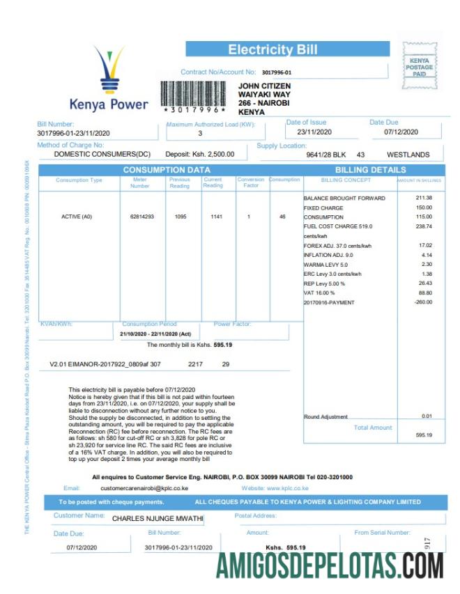 Em branco modelo de conta de serviços públicos de energia do Quênia em formato Word e PDF